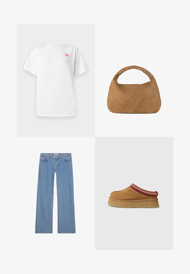 Valkoinen lyhythihainen t-paita, joka on valmistettu puuvillasta ja jossa on pyöreä pääntie. Paita sisältää pienen vaaleanpunaisen kukkakuvion vasemmassa rintapielessä.; Vaaleansiniset väljät farkut, jotka on valmistettu denimistä. Niissä on viisi taskua, nappisulku sekä ommeltu yksityiskohtia saumoissa ja helmassa.; Ruskosuede-lenkkari, jossa on punavalkoinen kuvioitu reunus, teksturoidun pohjan ja UGG-logo sivussa. Sisältää kevyen korotuksen.; Kangaskuvioinen vaalea käsilaukku, jossa on pyöreä kahva, valmistettu pehmeästä nahasta. Varustettu vetoketjulla ja monimutkaisella koriruudukkokuvioinnilla.