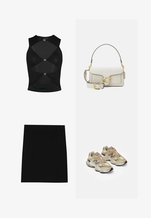 Schwarzes ärmelloses Oberteil mit einer taillierten Passform. Verfügt über ausgeschnittene Bereiche und dekorative metallische Hardware in der Mitte und an den Seiten. Weicher Stoff.; Langärmliges weißes Hemd aus Baumwolle mit durchgehender Knopfleiste, klassischem Kragen und abgerundetem Saum. Es hat einen lässigen Schnitt und keine Muster.; Schwarzer Minirock aus weichem Stoff mit figurbetontem Design, ausgestattet mit einem leichten Schlitz an der Seite für zusätzlichen Details.; Beige Sneaker aus Mesh- und Wildledermaterialien. Mit einem schwarzen Logo und strukturierten Akzenten. Dicke weiße Zwischensohle und schwarze Gummisohle.; Weiße Lederhandtasche mit goldfarbenen Beschlägen, ausgestattet mit einer Klappenverschluss und einem abnehmbaren, verstellbaren Riemen. Runde Metallakzente in der Mitte.