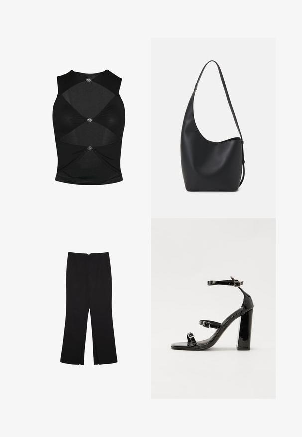 Musta hihaton toppi, jossa on tiukka muotoilu. Ominaisuudet leikattuja osia ja dekoratiivista metallista varustusta keskellä ja sivuilla. Pehmeä pinta.; Mustat housut suoralinjaisella leikkauksella, joissa on etutaskut ja sivurei'ät helman alla. Valmistettu pehmeästä ja sileästä kankaasta. Sopii eri tilaisuuksiin.; Musta kiiltävä korkokenkä sandaalit neliönmuotoisella varpaalla, nilkkaremmillä ja hopeisilla soljilla. Varustettu tukevalla lohkokorkealla vakauden takaamiseksi.; Musta nahkainen hobo-laukku, jossa on sileä pinta, kaareva muoto ja yksi säädettävä olkahihna; sisäänkäynti on leveä ylhäältä.