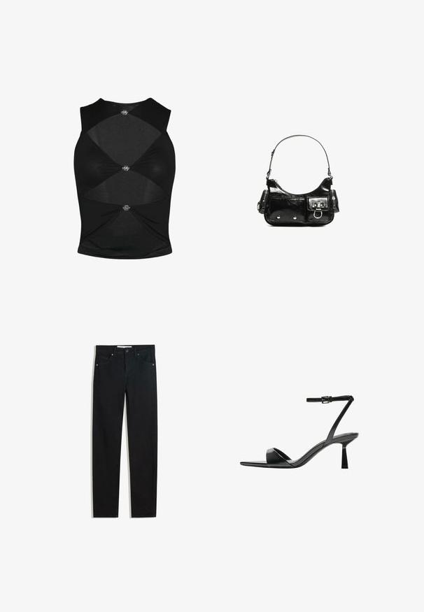 Black sleeveless top with a fitted design. Features cut-out sections and decorative metallic hardware at the center and sides. Soft texture.; Black denim pants with a straight leg design, five pockets, metal button closure, and subtle stitching details. Smooth texture.; Bershka High heeled sandals - black; Black patent leather handbag with a curved shape, one shoulder strap, front pockets, and silver-tone hardware accents.