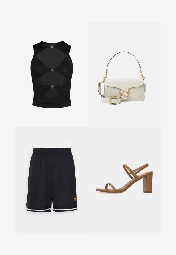 Zwarte mouwloze top met een aansluitend ontwerp. Bevat uitsnijdingen en decoratieve metalen hardware in het midden en aan de zijkanten. Zachte textuur.; Zwarte sportshorts met een elastische tailleband, witte zijstrepen en een oranje logo aan de rechteronderkant. Glad textuur.; Lichtbruine hoge sandalen met twee slanke riemen en een vierkante blokhak. Glad materiaal met een minimaal ontwerp en een klein gouden gespdetail.; Witte leren handtas met een gouden sluiting, zwarte accenten, een afneembare schouderriem en een gestructureerd ontwerp met een klepafsluiting.
