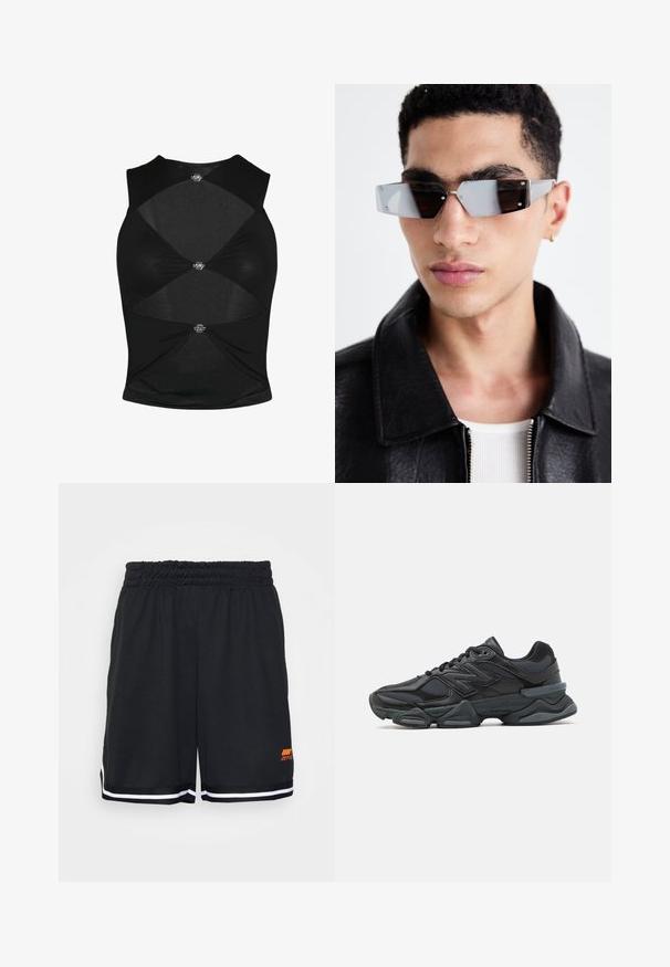 Top senza maniche nero con design aderente. Presenta sezioni ritagliate e accessori in metallo decorativi al centro e ai lati. Texture morbida.; Pantaloni atletici neri con un elastico in vita, strisce laterali bianche e un logo arancione sul lato destro in basso. Texture liscia.; Scarpa da corsa nera con una combinazione di materiali in rete e sintetici, suola spessa, design curvo e marchio ben visibile sul lato.; Occhiali da sole angolari con tonalità grigia e hardware in argento, su uno sfondo chiaro. Le lenti presentano una forma geometrica unica.