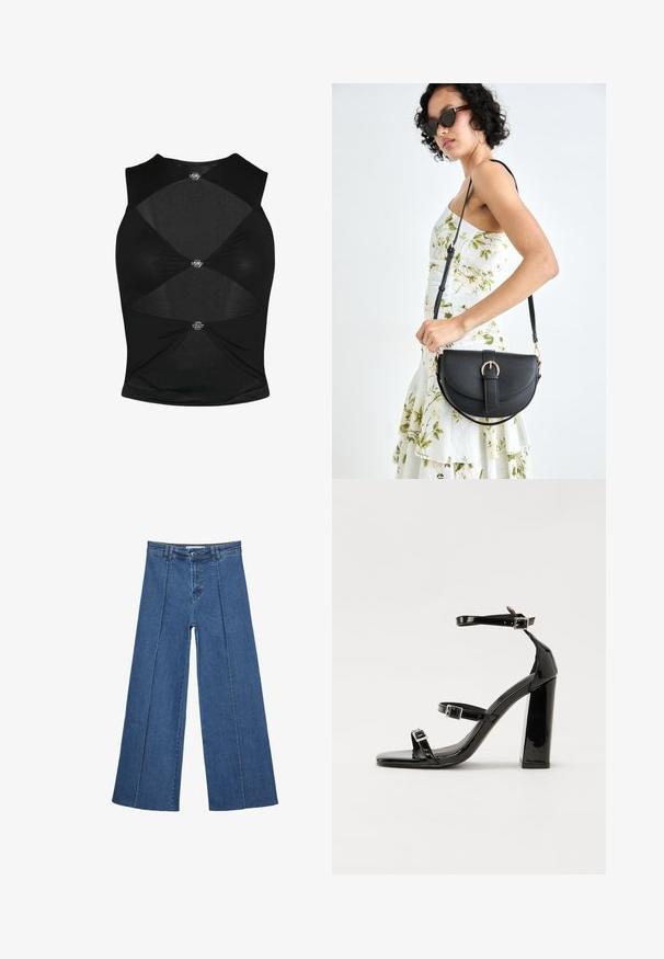 Top senza maniche nero con design aderente. Presenta sezioni ritagliate e accessori in metallo decorativi al centro e ai lati. Texture morbida.; Jeans in denim a gamba larga di blu medio, con vita alta, chiusura con bottone e dettagli delle cuciture verticali a contrasto lungo la parte anteriore.; Sandali con tacco in vernice nera, con punta squadrata, cinturini alla caviglia e fibbie in argento. Presentano un tacco a blocco spesso per maggiore stabilità.; Borsa a tracolla nera in pelle con una forma curva, manico rimovibile e accessori dorati. La borsa presenta una patta con un dettaglio a fibbia.