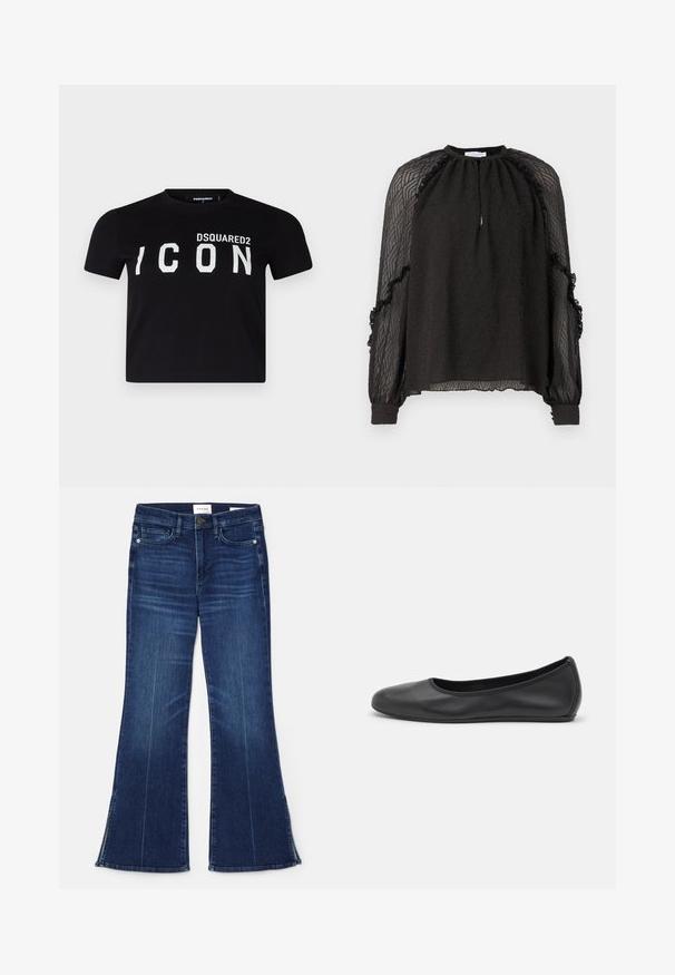 Svart bomull T-skjorte med rund hals. Har fet hvit tekst "DSQUARED2 ICON" over fronten. Korte ermer, vanlig passform.; Hofmann Copenhagen XENIA - Bluse - black; Mørkeblå flagrende jeans laget av denim. Har høy midje, frontlommer og splittdetaljer ved kanten. Klassisk femlommers design.; Svart skinnballettflatt med rund tå, glatt tekstur, minimal sømdetalj, og et fleksibelt såledesign.
