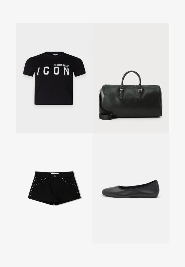 Musta puuvillapaita, jossa on pyöreä kaula-aukko. Edessä on rohkeaa valkoista tekstiä "DSQUARED2 ICON". Lyhyet hihat, normaali malli.; Musta farkkushortsit nappikiinnityksellä, joissa on niittikoristeet etutaskuissa ja sivusaumoissa. Lyhyt pituus ja klassinen malli.; Musta nahkainen ballerina, jossa on pyöristetty kärki, sileä pinta, minimaalinen ommelkoristelu ja joustava pohjamuotoilu.; Mustat nahkaduffelilaukku, jossa on kaksoiskahvat, hopeinen metalliosuus ja säädettävä olkahihna. Sileä pinta ja vetoketjukiinnitys.