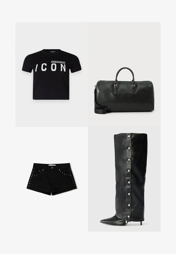 Black cotton T-shirt with a crew neckline. Features bold white lettering "DSQUARED2 ICON" across the front. Short sleeves, standard fit.; Black denim shorts with a button closure, featuring studded accents along the front pockets and side seams. Short length and classic fit.; Black leather high-heeled boots featuring a fitted design, pointed toe, and silver snap button accents along the side.; Black leather duffel bag with double handles, silver hardware, and an adjustable shoulder strap. Smooth texture with a zip closure.