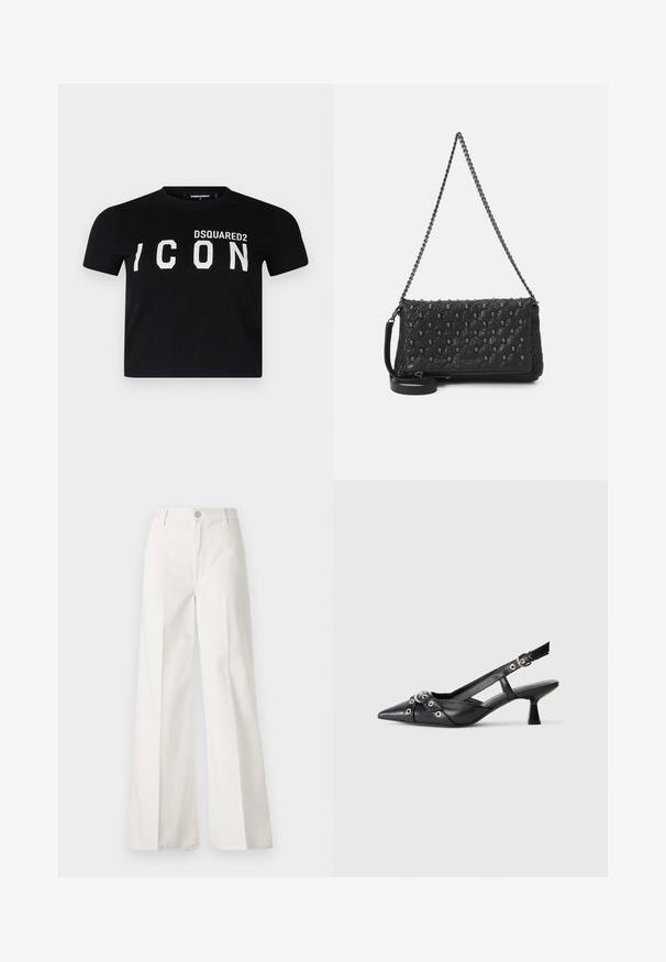 Sort bomulds T-shirt med rund halsudskæring. Har fed hvid tekst "DSQUARED2 ICON" på fronten. Korte ærmer, normal pasform.; Hvide vidde bukser lavet af bomuld med en glat tekstur. Har en frontknap, lynlås, og fire-lomme design.; Sort lædersandal med spids tå, dekorative stropper med metaløjer og en lav blokhæl. Struktureret overflade.; Sort quiltet lædertaske med kæderyg, prydet med kraniumdetaljer og en lynlåslukning. Struktureret overflade med en glansfuld finish.