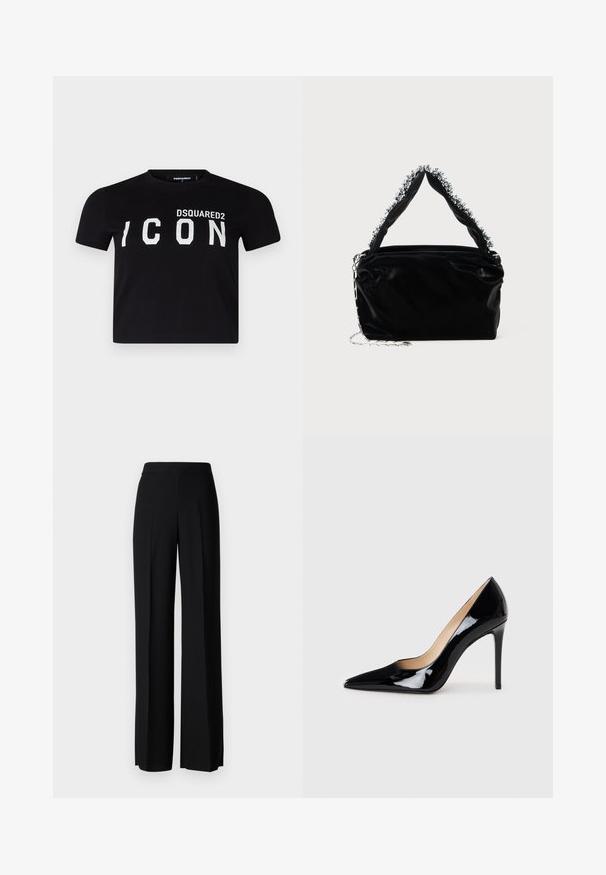 Crna pamučna majica s okruglim izrezom. Sadrži hrabre bijele natpise "DSQUARED2 ICON" na prednjoj strani. Kratki rukavi, standardni kroj.; Crne široke hlače s glatkom teksturom, s visokim strukom i središnjim pregibima. Nema vidljivih uzoraka ili hardverskih detalja.; Crne lakirane kožne štikle s dizajnom ušiljenog nosa i elegantnom siluetom. Imaju glatku, sjajnu završnu obradu i vitak stiletto potplat.; Crna torbica od umjetne kože s teksturiranim završetkom, koja sadrži perlicu srebrnu detalj duž gornje ručke i lančanu naramenicu.