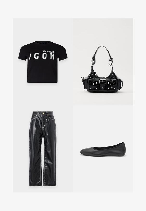 T-shirt en coton noir avec un col rond. Présente une inscription en lettres blanches audacieuses "DSQUARED2 ICON" sur le devant. Manches courtes, coupe standard.; Pantalons en cuir synthétique noirs à coupe large, avec des coutures blanches, des poches avant et un bouton doré à la taille.; Ballerines en cuir noir avec un bout rond, texture lisse, détails de couture minimalistes et design de semelle flexible.; Sac à main en cuir noir au design courbé, avec des clous en argent, une boucle et deux poches latérales. Bandoulière réglable pour différentes options de transport.