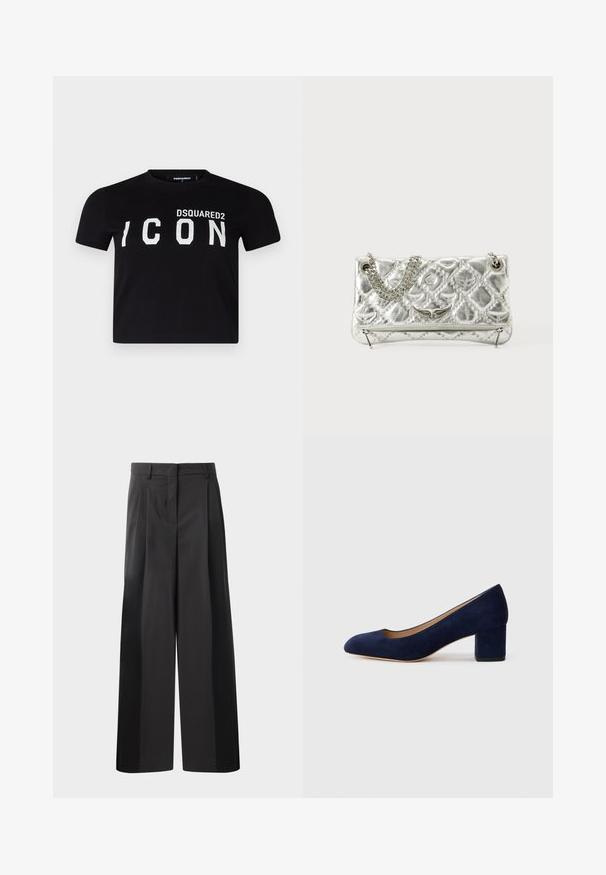 Black cotton T-shirt with a crew neckline. Features bold white lettering "DSQUARED2 ICON" across the front. Short sleeves, standard fit.; Black wide-leg trousers with a high waist, featuring front pleats, a smooth texture, and a tailored finish. Designed for a relaxed fit.; Navy blue suede pump with a pointed toe and a mid-height block heel. Smooth texture with a subtle sheen and a small cutout at the front.; Silver metallic handbag with chain handle, quilted texture, decorative stitching, and a zip closure. Features embossed accents on the front.