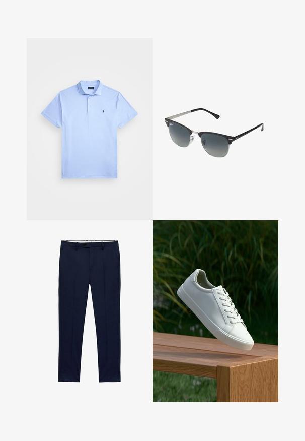 Jasnoniebieska koszulka polo z krótkim rękawem, wykonaną z teksturowanej tkaniny, z zapięciem na dwa guziki, kołnierzykiem oraz małym ciemnym haftowanym logo na piersi.; Granatowe spodnie o dopasowanym kroju z prążkowanym wzorem. Posiadają zamek błyskawiczny, szlufki na pasek oraz kieszenie z przodu. Gładka faktura materiału.; Białe sneakersy sznurowane unoszące się nad drewnianą ławką z zielonymi liśćmi w tle, ukazujące wzór i teksturę buta.; Czarno-srebrne okulary przeciwsłoneczne w kształcie kociego oka, z gradientowymi soczewkami i metalowymi akcentami na oprawie. Plastikowe ramiona z szarymi końcówkami.