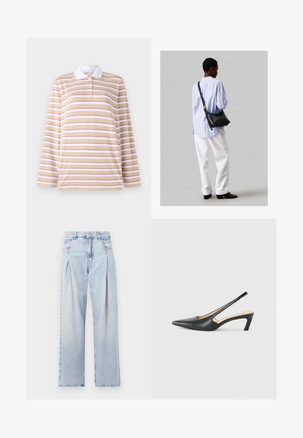 Hosszú ujjú póló, bézs színben, pink és fehér vízszintes csíkokkal, fehér gallérral és három gombos záródással. Puha szövettextúra.; Világoskék farmernadrág magas derekú, bő szabású, két oldalsó zsebbel és pliszírozott dizájnnal. Puha tapintású, elhalványított felület.; Fekete, hegyes orrú, slingback cipő alacsony sarkával, sima bőrből készült, oldalt kivágott deisgnal a légáteresztőképesség érdekében.; Fekete bőr válltáska puha tapintással, háromszög alakú, állítható pánttal, világoskék csíkos inggel és fehér nadrággal párosítva.