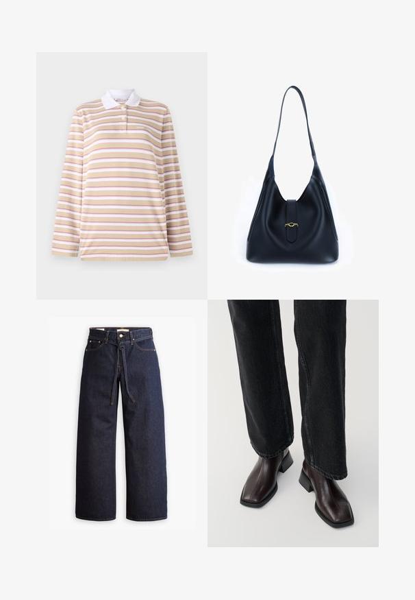 Långärmad polo-shirt i beige med rosa och vita horisontella ränder, med vit krage och tre knappslå. Mjuk tygtextur.; Brettbeniga mörkblå denimjeans med hög midja, utrustade med snörning, fem fickor och kontrasterande sömmar.; Bruna läderankelstövlar med fyrkantig tå och blockklack, matchade med svarta vida jeans. Slät textur och minimalistisk design.; Svart läderhandväska med en mjuk och avslappnad design. Har ett platt handtag och en central stängning prydd med ett guldackcent.