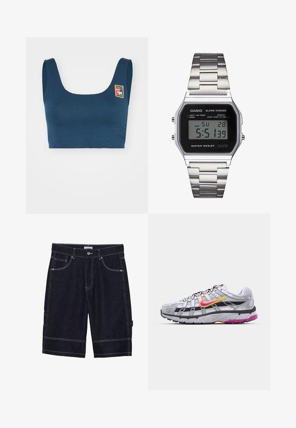 Tume teal sportbras, millel on ruudukujuline kaelus ja laiad rihmad. Vasakul küljel on väike multivärviline logo. Sile, veniv kangas.; Tumed denim šortid kontrastõmblustega, viie tasku, nööpkinnituse ja sirge lõikega disain. Ilma nähtavate mustrite või tekstuurideta.; Hall grey võrksuss, millel on silmapaistev roosa ja kollane logo, mustad detailid ja tekstuuriga kummitald. Omab tugevdatud varbakaitset ja pehmendatud krae.; Digitaalne Casio kell musta näo, hõbedase roostevabast terasest rihmaga, ristküliku kujuline korpus ning nupud valguse, ringi nullimise ja režiimi kohandamiseks.