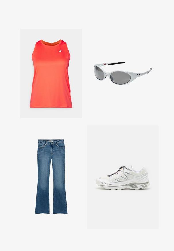 Helles rotes Sporttanktop mit Rundhalsausschnitt, aus leichtem, strukturiertem Stoff; verfügt über ein kleines Logo auf der oberen linken Seite.; Ausgestellte blaue Jeans aus Denim mit einer mittelhohen Taille, ausgestattet mit Fronttaschen und einer glatten Textur, die ein sauberes, klassisches Design aufweisen.; Weißer Sportschuh mit strukturiertem Obermaterial, reflektierenden Akzenten und grauer Sohle. Verfügt über betonte dreieckige Muster und ein Schnellschnürsystem.; Weiße Kunststoff-Sonnenbrille mit großen, ovalen Gläsern in grauer Tönung. Verfügt über schwarze Ohrpolster und ein kleines Logo am Rahmen. Glatte Oberfläche.