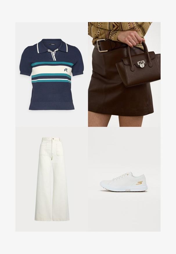 Námořnické pletené polo tričko s krátkým rukávem, s horizontálními pruhy v barvách tyrkysové, bílé a tmavě modré, a malým vyšitým logem na hrudi.; Džíny s širokými nohavicemi v off-white denim. Vysoký pas s knoflíkovým zapínáním, dvě přední kapsy a detaily kontrastního šití.; Bílé tenisky s hladkým syntetickým svrškem, zlatými akcenty a pevným gumovým podešví. Mají kulatou špičku, šněrovací design a polstrovaný interiér.; Hnědá kožená kabelka s texturovaným povrchem a stříbrným hardwarem, drží ji ruka vedle hnědé kožené sukně a vzorovaného svetru.