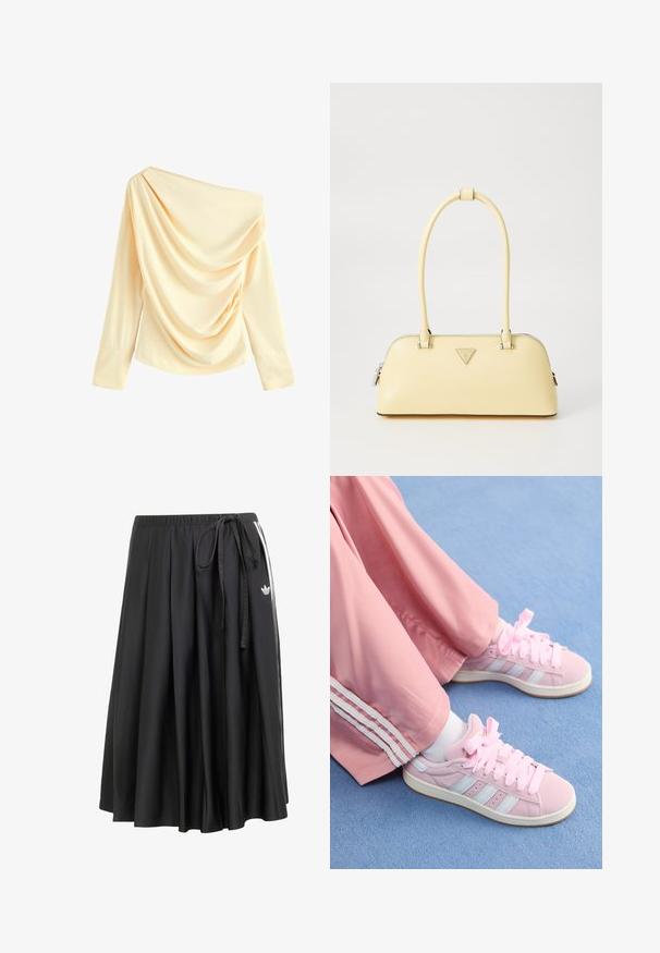 Haut crème décolleté épaules avec tissu drapé, manches longues et texture lisse. Comprend un col asymétrique et un détail froncé.; Jupe midi noire avec taille élastique, nouage sur le côté, rayures blanches et logo trefoil d'Adidas sur le côté droit.; Baskets de sport roses avec des rayures bleu clair, bout rond et lacets épais roses, associées à un pantalon de survêtement rose avec des rayures blanches sur les côtés.; Sac à main en cuir verni jaune, de forme arrondie, avec une seule poignée supérieure et une plaque logo en argent. Il dispose d'une fermeture à glissière et d'une texture lisse.; Cinq bracelets : un bracelet en bois foncé, deux chaînes en métal doré et deux bagues en résine couleur ambre avec des accents dorés et des textures lisses.