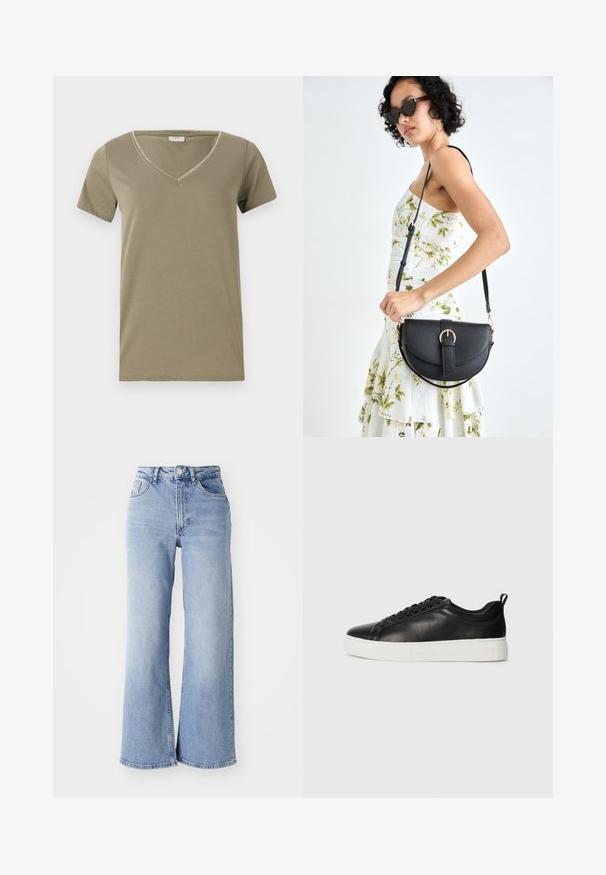 T-shirt de mangas curtas na cor verde oliva, com decote em V e costura decorativa à volta do decote. Feita de um tecido de algodão leve e macio.; Jeans de cintura alta, de perna larga, em azul claro, com bolsos frontais e traseiros, fecho de botão e desbotamento subtil nas coxas e nas bainhas.; Sapatilha de couro preta de cano baixo com atacadores pretos e sola de borracha branca grossa, vista do lado externo sobre um fundo branco.; Bolsa de couro preta com forma curva, alça destacável e detalhes em dourado. A bolsa possui uma aba com detalhe de fivela.