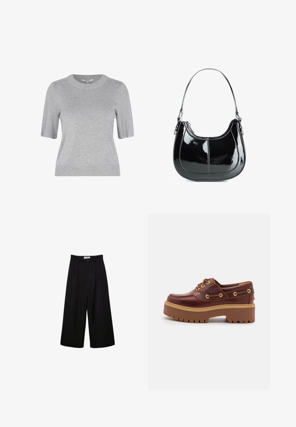 Maglione corto grigio a maglia con maniche corte, colletto rotondo e polsini a coste. Il tessuto ha una superficie liscia e un design semplice e pulito.; Pantaloni neri a gamba larga con vita alta, fronte pieghettato e chiusura con bottone. Realizzati in tessuto morbido con un design sartoriale.; Scarpa da barca in pelle marrone con suola in gomma marrone robusta, occhielli dorati e cuciture a contrasto. Presenta un logo sul lato.; Borsa a mano in pelle verniciata nera, con design curvo, chiusura con zip e un solo manico a spalla caratterizzato da hardware e cuciture in tono argento.