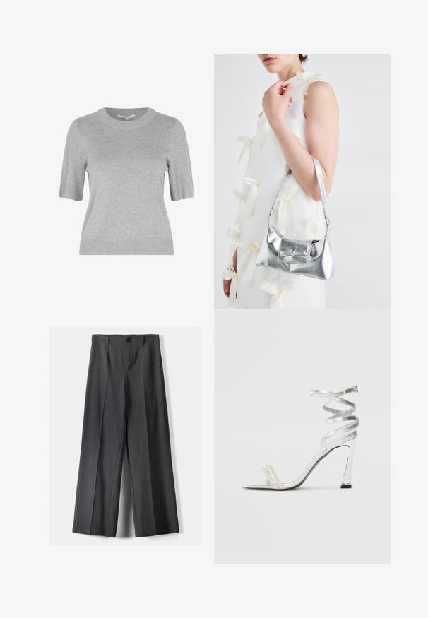 Pulover scurt din tricot gri, cu mâneci scurte și guler rotund, cu manșete ribbate. Țesătura are o textură netedă și un design simplu, curat.; Pantaloni evazați din țesătură gri închis, cu închidere cu buton, pliseuri frontale și curea. Textură netedă cu un design ajustat.; Sandale argintii cu toc înalt, cu un design strălucitor al baretei, având un accent asemănător unei perle și o curea spiralată pentru prindere sigură.; Geantă metalică argintie cu o formă structurată, având un mâner superior și un detaliu sub formă de fundă pe față. Textură netedă, finisaj reflexiv.
