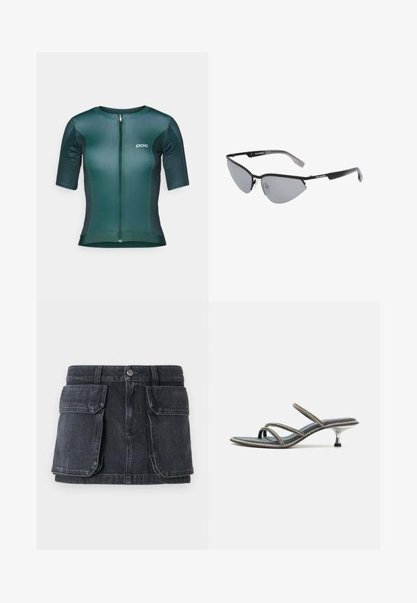 Czarny rowerowy półrzędowy z krótkim rękawem, z pełnym zamkiem, wykonany z gładkiego materiału odprowadzającego wilgoć, z małym białym logo.; Czarna spódnica dżinsowa z dopasowaną talią, zapięciem na guziki, dwiema dużymi przednimi kieszeniami oraz kontrastowymi szwami.; Damskie sandały denimowe z trzema cienkimi paskami ozdobionymi kryształkami, spiczastym noskiem i metalowym obcasem w stylu szpilki. Posiadają antypoślizgową podeszwę.; Czarne okulary przeciwsłoneczne w kocim kształcie. Srebrne lustrowane soczewki. Smukłe, lekkie plastikowe oprawki z dyskretnym oznakowaniem na zausznikach.