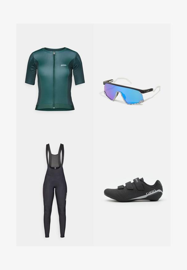 Maillot de cyclisme à manches courtes de couleur vert foncé avec une fermeture éclair intégrale, fabriqué en tissu lisse et respirant, et orné d'un petit logo blanc.; GripGrab THERMAL - Collants à bretelles - black; Giro STYLUS - Chaussures de cyclisme - black; Lunettes de sport avec une monture noire, des accents blancs et des verres miroitants dégradés bleus. Branches texturées avec un motif blanc et noir.