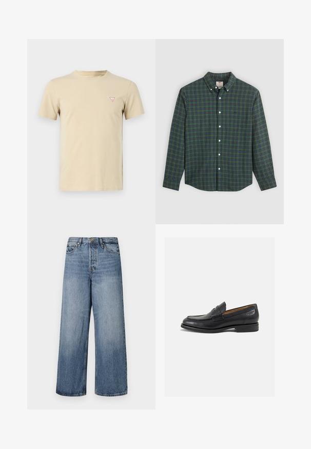 Beige bomull t-skjorte med rund hals, korte ermer og en liten rød trekantlogo på venstre bryst. Enkelt design, myk tekstur.; Langermet skjorte med knappestolpe, i grønn, blå og gul rutete mønster, hvite knapper og krage med knapper.; Bredde ben blå denim jeans med en falmet vask, fem lommers design og knappelukking. Utstyrt med beltehemper og sydd detaljering.; Sorte lær loafers med en glat overflade, rund tå og dekorativ syning på forfoden. Lav stablet hæl og let glans.