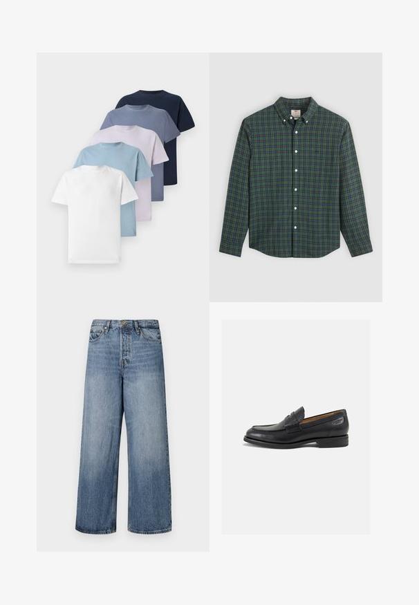 Vijf crew-neck t-shirts in verschillende kleuren: wit, lichtblauw, lichtpaars, donkerblauw en marineblauw. Gemaakt van katoen met korte mouwen.; Langarm overhemd met groen, blauw en gele ruitpatroon, witte knopen en een opknopbare kraag.; Wijde blauwe denim jeans met een vervaagde was, vijf zakken en een knoopsluiting. Voorzien van riemlussen en gestikte details.; Zwarte leren loafers met een gladde afwerking, ronde neus en decoratieve stiksels op de wreef. Lage gestapelde hak en een lichte glans.