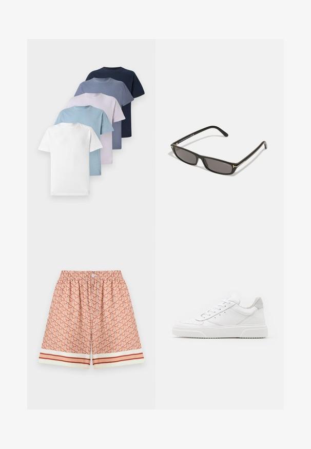 Five crew-neck t-shirts in varying colors: white, light blue, light purple, dark blue, and navy. Made of cotton with short sleeves.; Patterned swim shorts in peach, featuring an all-over geometric design. Elastic waistband with button and contrasting striped hem detail.; White leather sneakers with a smooth finish, rounded toe, flat laces, and a textured sole. Grey suede accent at the heel.; Black rectangular sunglasses with dark lenses. Plastic frame with a matte finish. Gold accents on the arms and logo branding.