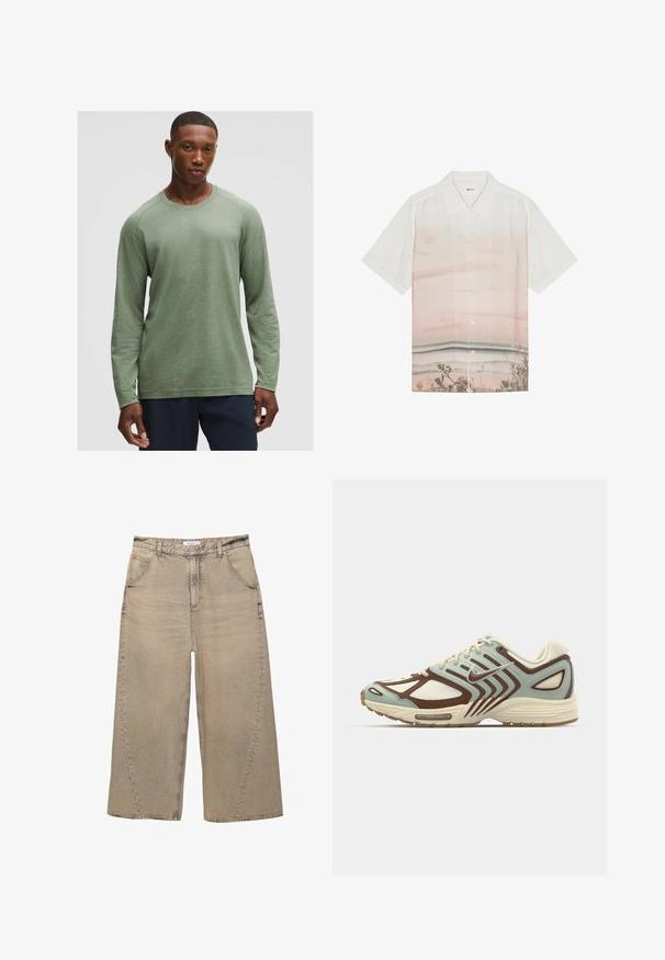 Langärmliges Shirt in gedämpftem Grün mit strukturiertem Muster, rundem Ausschnitt und Raglanärmeln, aus weichem, leichtem Stoff gefertigt.; Kurzarmhemd aus weißem Stoff mit einem Farbverlauf in sanften Rosa-Tönen und einem Strandmotiv am unteren Rand. Knopfschluss.; PULL&BEAR MEGA BAGGY - Baggy Jeans - light grey; Hellblaue und braune Sneaker mit einem strukturierten Mesh-Obermaterial, geschichtetem Design, reflektierenden Akzenten und einer gepolsterten cremefarbenen Zwischensohle.