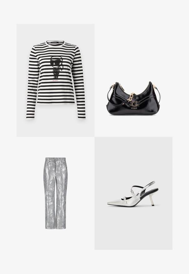 Tricou cu mânecă lungă, în dungi, din bumbac alb și negru. Prezintă un grafic central cu un personaj purtând ochelari de soare, cu textul "Karl Lagerfeld" dedesubt.; Pantaloni brodați cu argintiu, cu un model de frunze, design cu picior drept și o textură netedă, strălucitoare. Buzunare funcționale și închidere cu nasture.; Ciorapi argintii cu călcâiul descoperit, cu vârf ascuțit, având un finisaj metalic neted, un toc subțire și detalii decorative ale curelelor.; Geantă din piele patent neagră cu un design curbat, accente de hardwear aurii și un logo proeminent. Include o curea de umăr detașabilă.