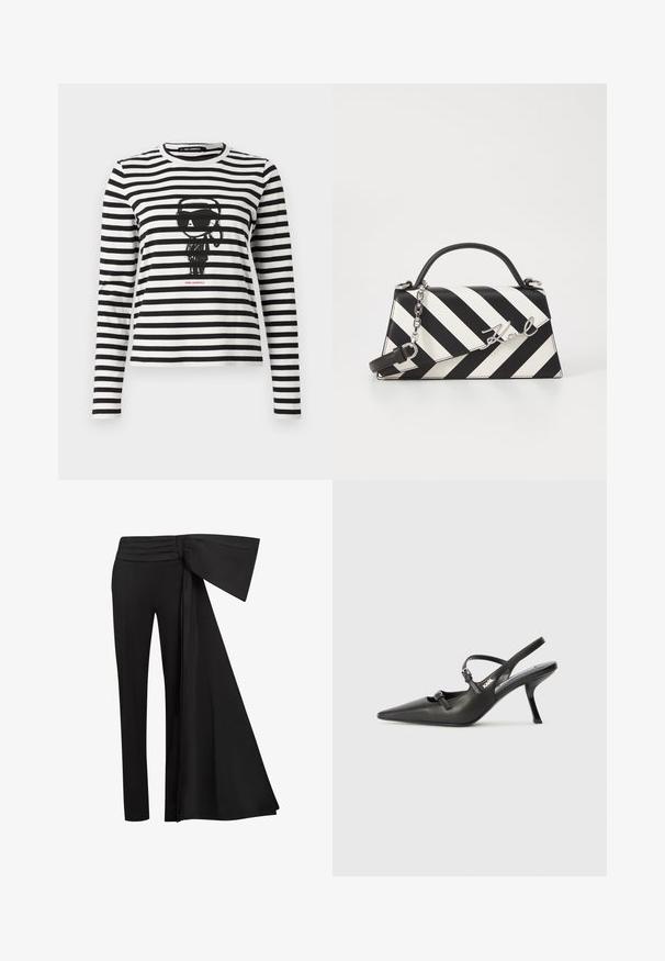 Mustat ja valkoiset raidalliset pitkähihaiset T-paidat puuvillasta. Keskellä on kuvio henkilöstä, joka käyttää aurinkolaseja, ja alapuolella lukee "Karl Lagerfeld".; Musta housut, joissa on leveä, roikkunut vyöyksikkö vyötäröllä. Sujuva kangas, suora lahkeiden leikkaus ja laskostettu vyötärönauha.; Mustat nahkaiset slingback-korkokengät, joissa on terävä kärki, hoikka korko ja koristeellinen solkityyny varpailla. Tasainen pinta ja tyylikäs muotoilu.; Mustikkamustavalkoinen raita käsilaukku, jossa on jämäkkä muoto, ylhäällä oleva kahva, irrotettava ketjuhihna ja metallinen logoelementti.