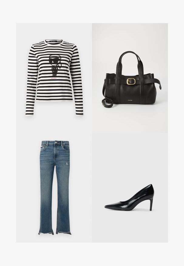 T-shirt a maniche lunghe a righe in cotone bianco e nero. Presenta una grafica centrale di un personaggio con occhiali da sole, con il testo "Karl Lagerfeld" sottostante.; Jeans di denim blu con leggeri segni di usura, orli grezzi sfrangiati, tasche frontali, passanti per cintura e chiusura con bottone.; Scarpa con tacco alto in pelle nera, con punta affusolata, texture liscia e tacco rastremato. Design minimalista, senza ulteriori decorazioni.; Borsa a mano in pelle nera con un design strutturato, doppie maniglie superiori, accentuazione in metallo dorato e logo del marchio in rilievo sul davanti.