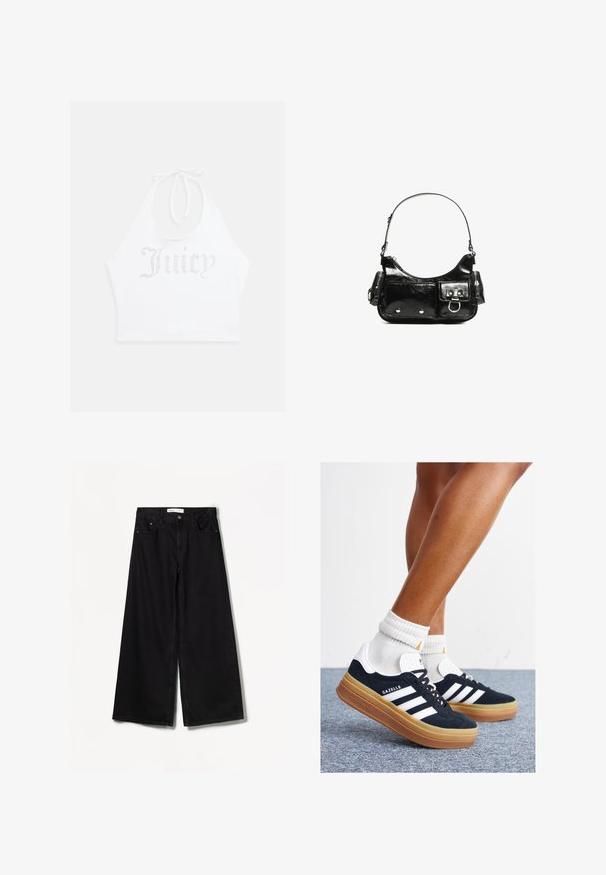 White halter top made of soft fabric, featuring rhinestone text "Juicy" across the front. Ties at the neck for adjustable fit.; Bershka WIDE-LEG - Wide Leg - black; Black suede sneakers with white stripes and accents, rounded toe, gum rubber outsole, paired with white ribbed crew socks.; Black patent leather handbag with a curved shape, one shoulder strap, front pockets, and silver-tone hardware accents.