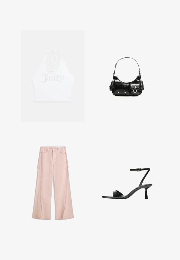 Bela halter majica iz mehkega blaga, z besedilom "Juicy" iz rhinestones spredaj. Zavezuje se okoli vratu za prilagodljivo prileganje.; Svetlo roza široke hlače z žepi, z teksturiranim zaključkom in razcnim robom. Imajo zapiranje na gumb in zanke za pas.; Bershka Sandali z visoko peto - black; Črna lakasta usnjena torbica s ukrivljeno obliko, enim ramenskim trakom, sprednjimi žepi in srebrnimi kovinskimi dodatki.