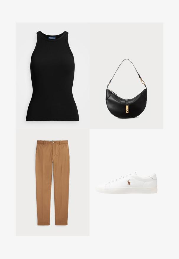 Polo Ralph Lauren RIB KNIT COTTON TANK - Top - black; Rjave bombažne hlače s slim-fit obliko, ravnim sprednje delom in standardnimi žepi; gladka tekstura in obrobljeni robovi.; Bela usnjena teniski čevlji, nizki model, z gladko teksturo, okrogle konice, vezavi spredaj ter majhnim vezenim logotipom na strani.; Črna usnjena torbica v obliki polmeseca. Ima zlato kovinsko dekoracijo in ozek trak. Gladka tekstura, z zadrgo na vrhu.