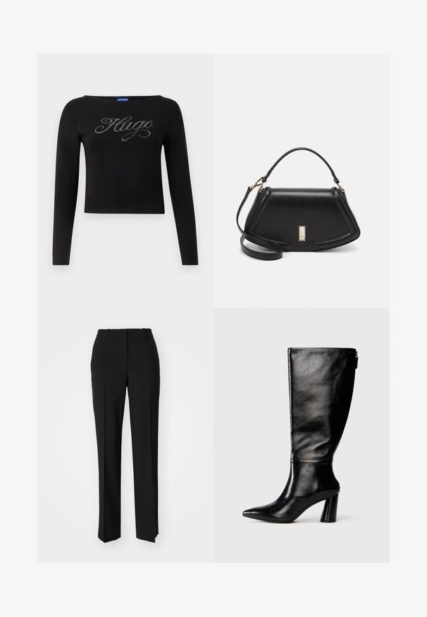 Schwarze Langarmbluse mit einem cropped Design und "Hugo"-Logo aus silbernen Strasssteinen auf der Vorderseite. Hergestellt aus dehnbarem Material.; Schwarze, taillierte Hose mit geradem Bein, aus einem glatten Stoff und mit klaren Falten an der Vorderseite. Keine sichtbare Hardware.; Knöchelhohe schwarze Lederstiefel mit einer spitzen Zehe, glatter Oberfläche und einem klobigen Absatz. Verfügt über einen Reißverschluss hinten.; Schwarze Lederhandtasche mit einem strukturierten Design, das eine verkürzte Form, einen oberen Griff und goldfarbene Hardware-Details aufweist. Verstellbarer Schulterriemen ist enthalten.