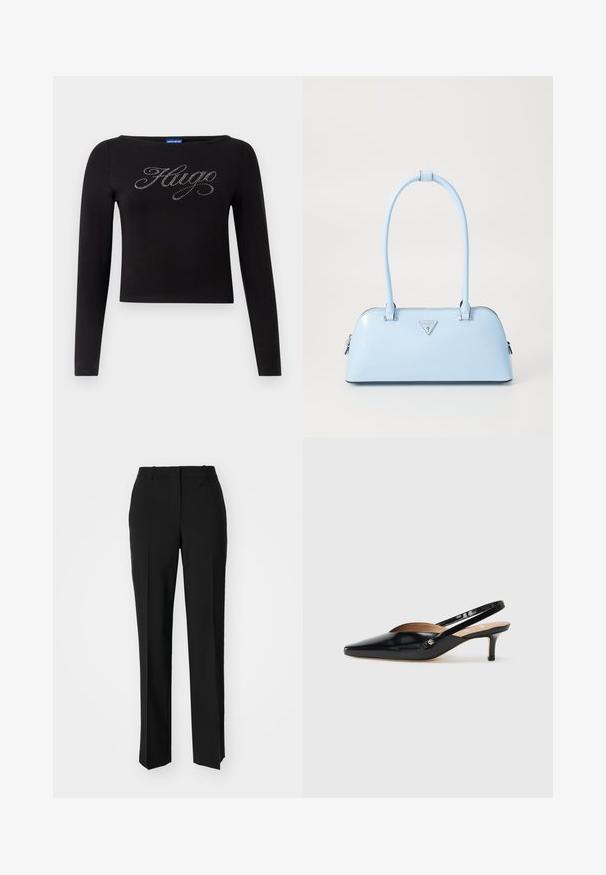 Črn dolgi rokav s skrajšanim dizajnom in logotipom "Hugo" iz srebrnih kristalov na sprednji strani. Narejen iz raztegljivega materiala.; Črne krojene hlače s direktnim krojem, ki se ponašajo z gladko teksturo in ostrimi pregibi spredaj. Ni vidne kovine.; Črne patentne usnjene slingback salonarje s koničastim nosom, majhnim členkom in izrezljanim dizajnom na vrhu. Akcenti iz zlatega tona na strani.; Svijetloplavi ručni torbica s strukturiranim oblikom, glatkim kožnim materijalom, dvije ručke i trokutastim logotipom brenda na prednjoj strani. S zatvaračem.