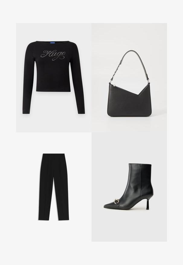 Black long-sleeve top with a cropped design and “Hugo” logo in silver rhinestones on the front. Made from stretchy material.; Black trousers with a straight fit, featuring double pleats, a smooth texture, and a classic waistband design. No visible hardware or accents.; Black leather ankle boot with pointed toe, slim mid-height heel, and silver buckle detail on side against plain background.; Black leather handbag with a triangular shape, a slim strap, and silver hardware. Features a zip closure and embossed logo on the front.
