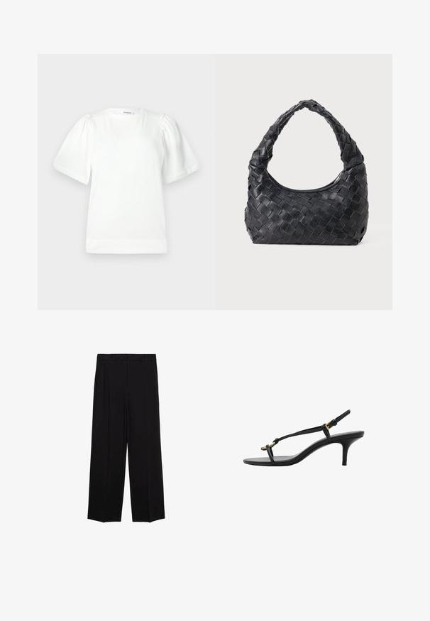 Bijela majica kratkih rukava s okruglim izrezom, s nabranim rukavima i glatkom pamučnom teksturom. Jednostavan dizajn, bez uzoraka ili naglasaka.; Crne hlače širokog kroja od glatkog materijala, s plisama sprijeda i bočnim džepovima, dizajnirane s ravnim, opuštenim krojem.; Crne kožne sandale s kitten heel potpeticama, tankim trakama, zlatnom kopčom i minimalističkom petom za prste, na bijeloj pozadini.; Crna kožna torba za rame s pletenim uzorkom, zaobljenom drškom i oblikom u obliku polumjesece na jednobojnoj pozadini.