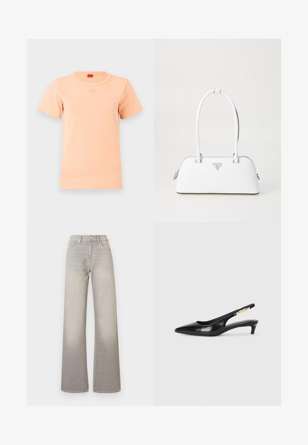 Peach-colored short-sleeve t-shirt made of soft cotton with a round neckline and embossed logo on the front. Smooth texture, minimal design.; Gray wide-leg jeans with a faded finish, button closure, five-pocket design, and stitched detailing along the seams.; Black leather slingback heels with a pointed toe, featuring a slim heel and a gold-tone accent on the adjustable strap. Smooth texture.; White leather handbag with a curved shape, featuring a silver triangular logo and zipper closure. Smooth texture and dual handles.