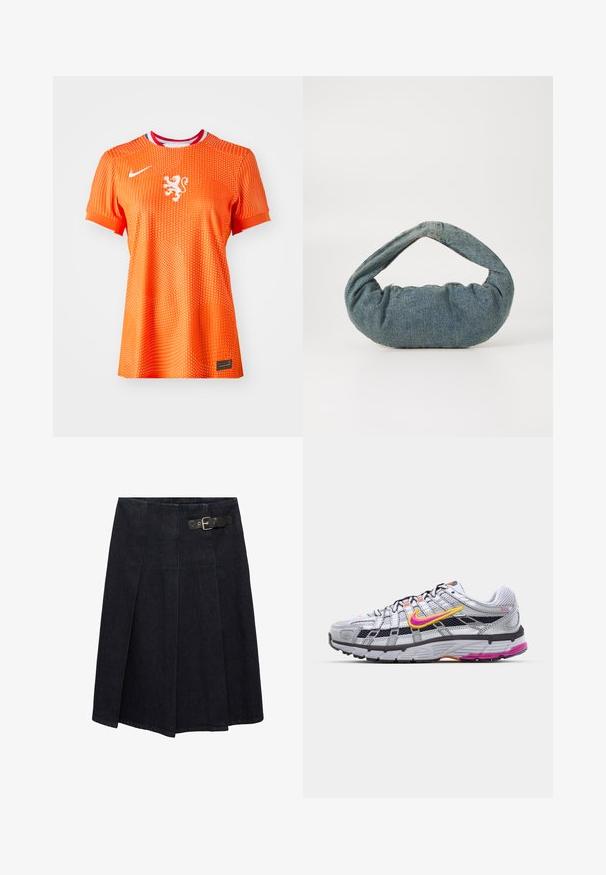 Pomarańczowy T-shirt piłkarski Nike z krótkimi rękawami, z białym emblematem lwa, kropkowaną fakturą oraz akcentem w kolorze czerwonym i niebieskim przy kołnierzyku.; Czarna dżinsowa spódnica z dopasowanym pasem, z bocznym zapięciem, w fałdzistym designie i lekko rozkloszowanym kroju. Detale szwów na całej powierzchni.; Szare siateczkowe buty do biegania z charakterystycznym różowym i żółtym swooshem, czarnymi akcentami oraz teksturowaną gumową podeszwą. Oferują wzmocniony czubek i wyściełany kołnierz.; Niebieska torba dżinsowa o poduszkowym, zaokrąglonym kształcie i zakrzywionym uchwycie. Tekstura jest miękka, z wyraźnymi szwami i gładkim wykończeniem.