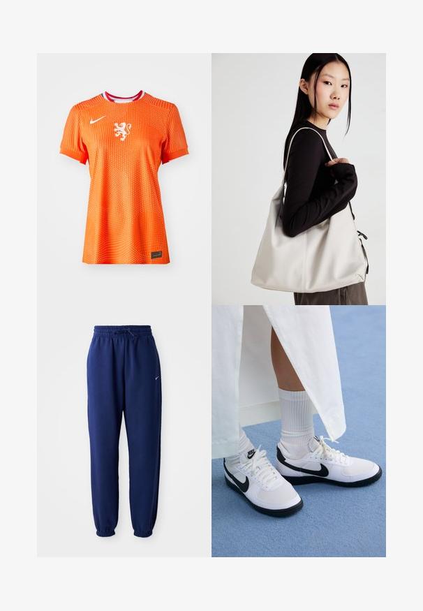 Orange Nike fodboldtrøje med korte ærmer, prydet med et hvidt løveemblem, prikket tekstur og en kraveaccent i rød og blå.; Mørkeblå sweatpants lavet af blødt stof, med elastisk talje med snøre, elastiske manchetter og et lille hvidt logo.; Hvide Nike sneakers med sorte accenter, der har en glat læderoverdel, hvide snørebånd og slidstærke gummiydersåler, parret med hvide ribbede sokker.; Beige håndtaske lavet af blødt materiale med et slouchy design, stikninger og to skulderremme. Velegnet til daglig brug.