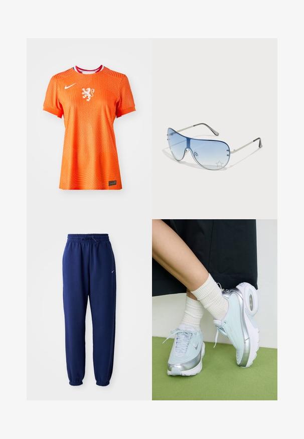 Oranža Nike futbola krekls ar īsām piedurknēm, kuram ir balts lauva emblēma, punktuota tekstūra un sarkans un zils apkakles akcenti.; Navy zila sporta bikses, izgatavotas no mīksta auduma, ar elastīgu jostu ar auklu, elastīgiem piedurknēm un mazu balto logo.; Gaiši zili sporta apavi ar sudraba akcentiem, teksturēts augšējais pārklājums, mīksts zole un redzama gaisa vienība. Apvienoti ar baltām ribotām zeķēm.; Pilotstila saulesbrilles ar gradienta zilām lēcām, sudraba metāla rāmjiem un dekoratīvām zvaigžņu akcentiem uz lēcām. Gluda un eleganta dizaina.