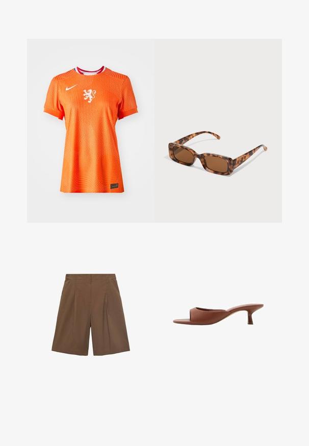 Oranžový futbalový dres Nike s krátkymi rukávmi, so symbolom bieleho leva, bodkovanou textúrou a červeným a modrým golierom.; Hnedé šité šortky s plochým predným dielom, skladaním a bočnými vreckami. Vyrobené z ľahkého materiálu, poskytujú pohodlný strih a obšité okraje.; Hnedé sandále na vysokom opätku s otvorenou špičkou, s hladkým, matným povrchom, so zakriveným dizajnom a priehľadným, zužujúcim sa opätkom.; Rámik slnečných okuliarov z korytnačiny s obdĺžnikovými hnedými sklami, hrubým rámom a štíhlymi stranicami so vzorom rôznych odtieňov hnedej.