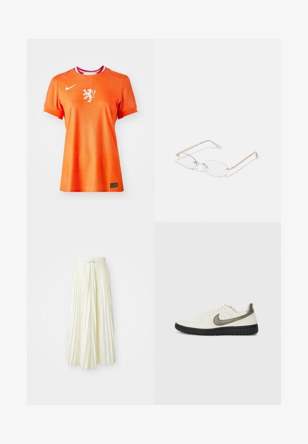 Narančasta Nike nogometna majica kratkih rukava, s bijelom emblemom lava, točkastom teksturom i crvenim te plavim naglaskom na ovratniku.; Plisirana midi suknja od svijetložutog materijala, s elastičnom strukom i mašnom, glatke teksture i vertikalnim prugama za dodatni detalj.; Nike Sportswear FIELD GENERAL - Tenisice - off-white/black; Zlatne metalne naočale s ovalnim lećama, tankim ručkama i prozirnim nosnim jastučićima. Ima diskretne naglaske na šarkama i prozirne leće.