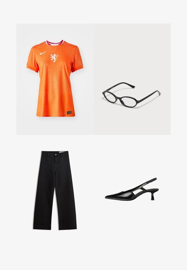 Pomarańczowy T-shirt piłkarski Nike z krótkimi rękawami, z białym emblematem lwa, kropkowaną fakturą oraz akcentem w kolorze czerwonym i niebieskim przy kołnierzyku.; Czarne dżinsowe spodnie o szerokich nogawkach i wysokim stanie, z przednimi i tylnymi kieszeniami, przeszyciami oraz zapięciem na guziki. Gładka struktura.; Czarne lakierowane czółenka na odkrytej pięcie z wąskim noskiem, z wykrojem po bokach i małym kwadratowym obcasem. Gładka faktura z minimalnymi akcentami.; Czarne okulary w owalnej oprawie z przezroczystymi fioletowymi akcentami na soczewkach. Oprawki mają matowe wykończenie oraz smukłe, proste zauszniki.
