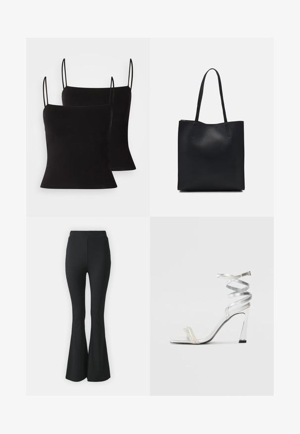 Tops de alças finas em preto, com um tecido liso e elástico e um corte ajustado. Design em pack duplo.; Calças pretas de boca de sino feitas de tecido elástico. Apresentam uma cintura alta e um design suave e ajustado que se alarga a partir do joelho para baixo.; Sandalha de salto alto prateada com um design de tira brilhante, apresentando um detalhe semelhante a uma pérola e uma tira de tornozelo espiralada para um ajuste seguro.; Bolsa tote preta em couro com textura lisa, forma retangular e duas alças longas. Sem hardware ou enfeites visíveis.