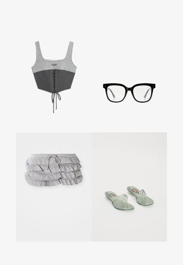 Šedý cropped top se šedým úpletovým horním dílem a tmavě šedou, strukturovanou spodní částí. Obsahuje šněrování vpředu a kovové očko. Text na hrudi.; Šedá sukňa s volánkovým designem a vrstvenou tkaninou, s páskem na stažení, měkkou texturou, zakončenými okraji a kaskádovými volánky.; Průhledné želé sandály s vlnitým designem, s mezi-prstovým páskem a vroubkovanou vzorovanou podrážkou. Barvy zahrnují světle zelenou a transparentní tóny.; Černé plastové brýle s tlustým obdélníkovým rámem. Čiré čočky, hladký povrch a dva malé kovové akcenty na předních stranách.