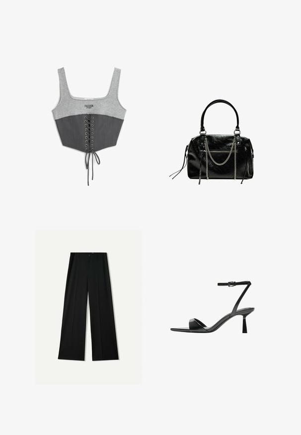 Grauer Cropped-Top mit einem grauen Jersey-Oberteil und einem dunkelgrauen, strukturierten unteren Bereich. Verfügt über einen Schnürung vorne und metallische Ösen. Text auf der Brust.; Bershka WIDE - Stoffhose - black; Bershka High Heel Sandalette - black; Bershka WITH CHAIN - Handtasche - black